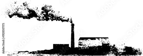 Industrial chimney emitting smoke plume in abstract high contrast stencil design