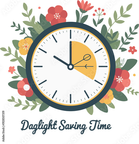 Spring forward daylight saving time concept with colorful flowers and clock