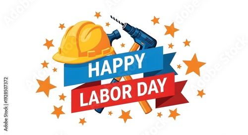 Happy labor day celebration with hard hat and tools