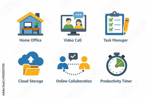 Illustrated icons of remote work tools: home office, video call, task manager, cloud storage, collaboration, timer