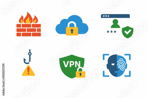 Cybersecurity icons collection featuring firewall, vpn, and phishing warning symbols