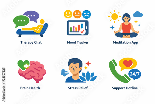 Therapy chat, mood tracker, meditation app, brain health, stress relief, support hotline icons
