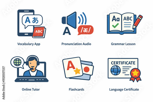 Educational tools for language learning: apps, audio, lessons, tutor, flashcards, certificates