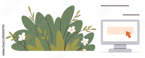 Digital marketing, nature integration, eco-friendly technology, user interface design, web design, sustainability. A leafy green bush next to a computer monitor with a cursor. Digital marketing