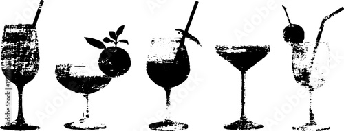 High contrast silhouette of cocktail glass collection for retro design