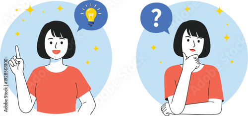 Woman thinking and having idea concept with question mark and light bulb vector illustration set