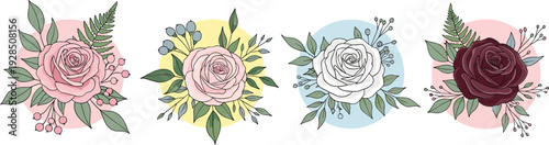 Romantic rose flower arrangements with leaves and pastel backgrounds decorative floral vector illustration set