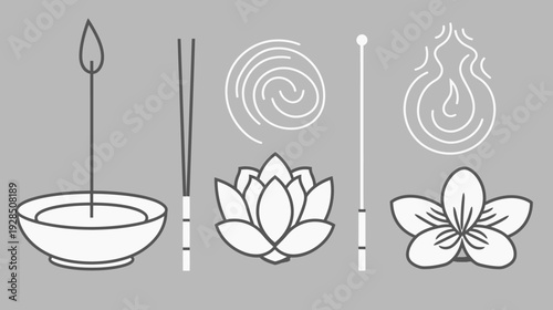 Simplified line illustrations on a gray background, featuring a candle, sticks, flower, and other elements