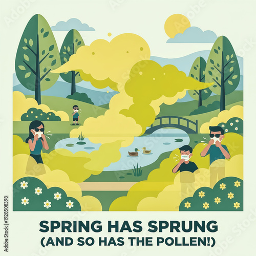 A family suffers from seasonal allergies in a park full of pollen. A humorous vector illustration about hay fever in springtime.Vector illustration