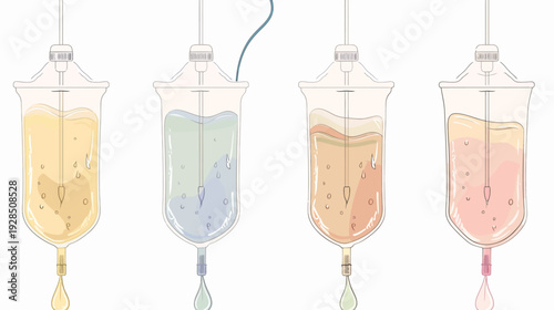 Four intravenous drip bags containing varying colored fluids, with tubes, and drop forming