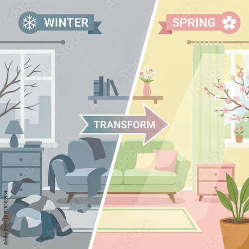 Vector illustration of a room before and after spring cleaning. Transformation from a messy, gloomy winter interior to a clean, fresh one.Vector illustration