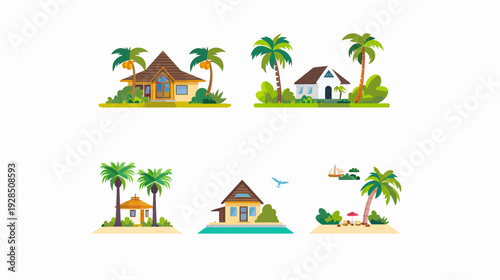 Flat vector illustrations of beach houses with palm trees, a sailboat, and a bird flying
