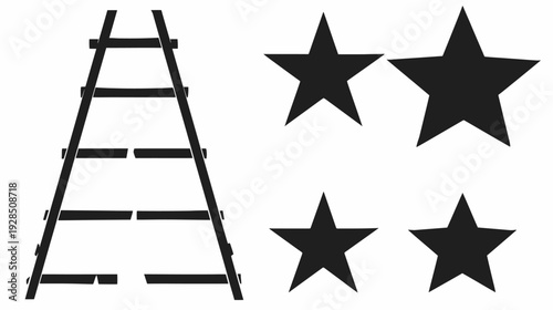 A black silhouette of a wooden ladder stands next to four five-pointed stars on a white background