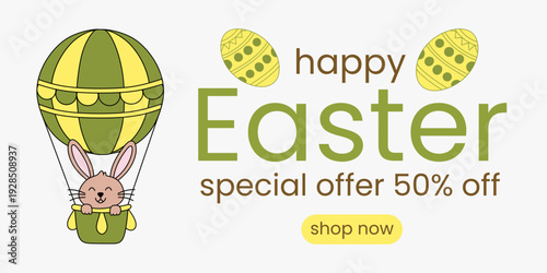 Cute bunny in hot air balloon with Happy Easter text. Easter holiday sale banner with special offer and shop now button.