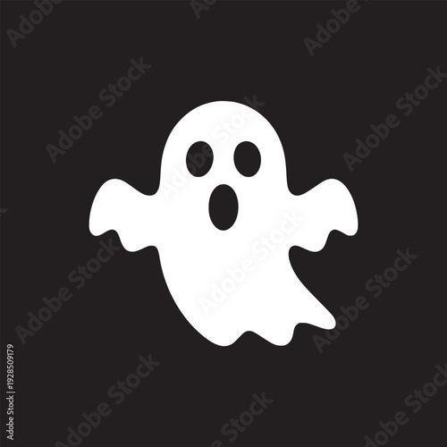 Spooky white ghost with wide mouth and round eyes on black background, perfect for Halloween fun.