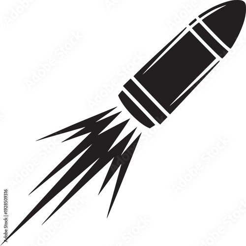 Dynamic black bullet in motion with fiery trail, symbolizing speed and impact.
