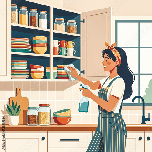 Illustration of a smiling woman wiping her organized kitchen pantry shelves. Concept for spring cleaning, decluttering, and home tidiness.. Vector illustration