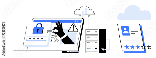 Laptop screen with a lock, password, hand with keys, servers, risk alerts, user profile rating, and cloud. Ideal for cybersecurity, data protection access control digital identity cloud safety