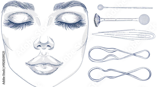 A stylized illustration depicting a face with closed eyes alongside abstract design elements