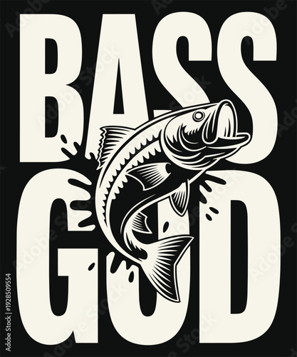 Bass fish jumping through typography design for outdoor fishing enthusiasts and trophy fishermen