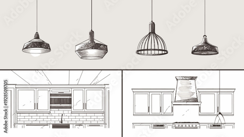 Monochrome illustration of kitchen components, including pendant lights, cabinets, and appliances