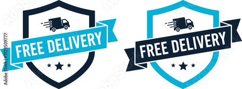 Free Delivery Badge Vector with Shield and Fast Truck Icon for Shipping Service Promotion