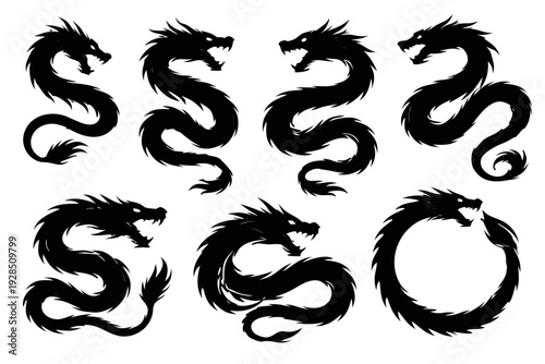 Collection of black dragon silhouettes in various poses and orientations on a clean background viewed from a straightforward perspective