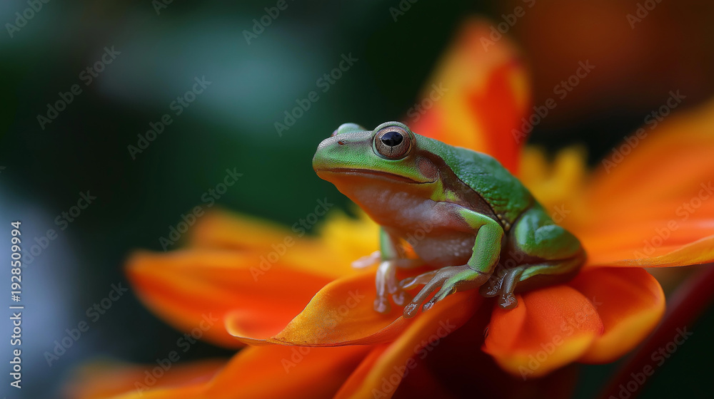 Obraz premium Tiny bright green frog sitting on a vivid orange flower, charming macro close-up, soft defocused bokeh background, garden wildlife concept, frog on flower photography, nature