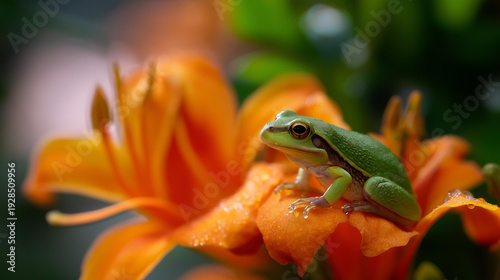 Tiny bright green frog sitting on a vivid orange flower, charming macro close-up, soft defocused bokeh background, garden wildlife concept, frog on flower photography, nature