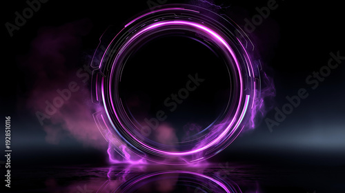 Glowing purple light halo with aura effect, fantasy neon 3D space orb design, glass tech sphere with circular portal frame, smoke ball with electric sparkle energy, futuristic