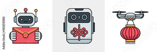 Futuristic robot holding red envelope - Great for tech-based CNY ads.