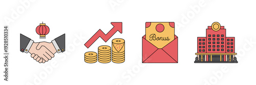 Corporate prosperity icons with red envelope and office building – Suitable for HR bonus announcements, business blogs, or holiday news.