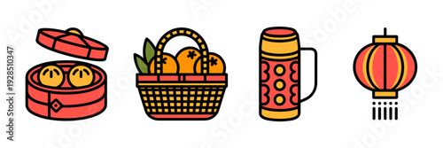 Bright Lunar New Year food icons – Perfect for greeting cards.