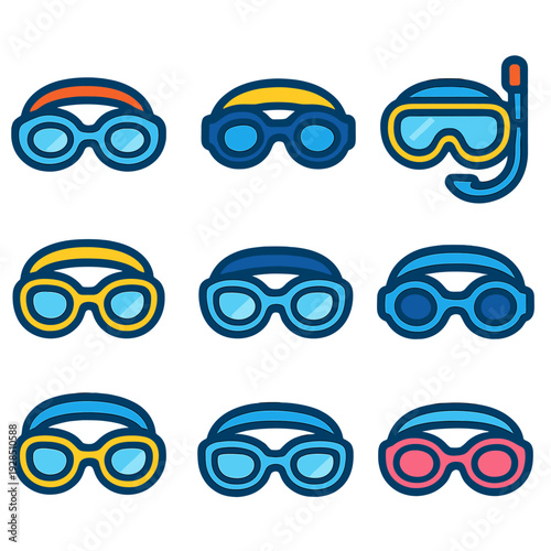 Colorful assorted swimming goggles and snorkel on gradient background