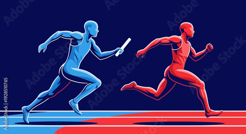 Abstract Relay Race: Energetic Athletes Passing Baton on Track with Vibrant Colors