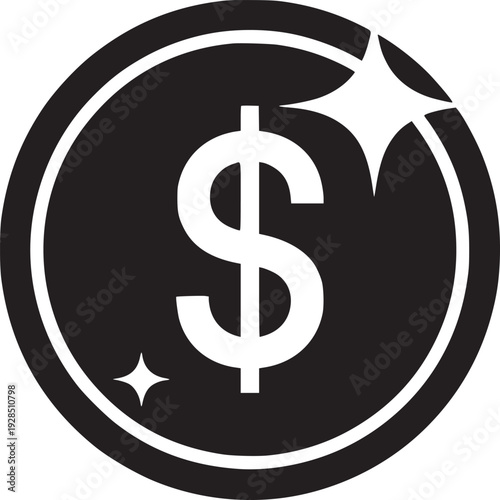 Shining dollar coin icon for finance, investment, and savings success in black and white design