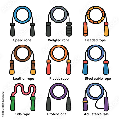 Colorful jump rope icons set featuring nine unique types and styles