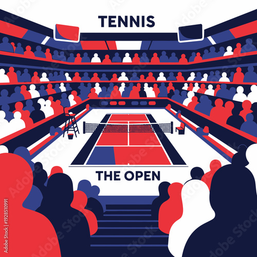 Abstract Tennis Tournament Scene Depicting Stadium, Court, Spectators, and Excitement for