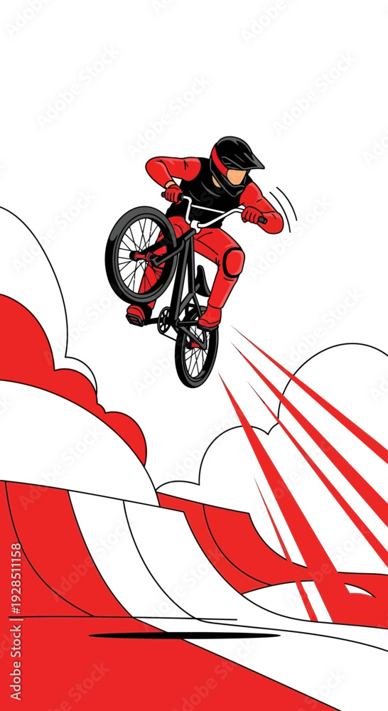 Fototapeta premium Action Sport Silhouette Depicting Extreme Cycling Stunt Executed In Mid-Air Over Graphic Ramp Design