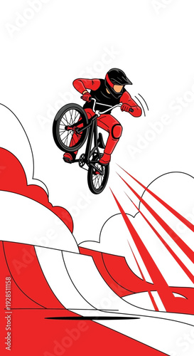 Action Sport Silhouette Depicting Extreme Cycling Stunt Executed In Mid-Air Over Graphic Ramp Design