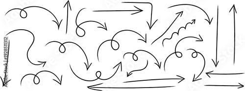 A complex composition of hand drawn arrows and curved lines on a white background