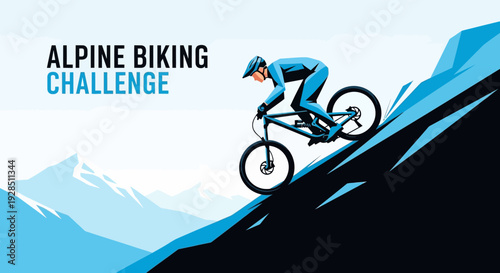 Alpine Biking Challenge: Mountain Biking Athlete Descending a Steep Slope in a Vector Art Style