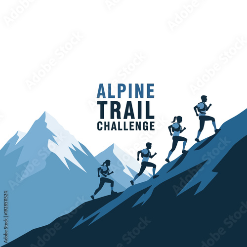 Alpine Trail Challenge: Athletes Ascending Rugged Mountain Peaks in a Vector Illustration