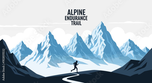 Alpine Runner Navigates Rugged Terrain Towards Mountain Peaks in Graphic Illustration