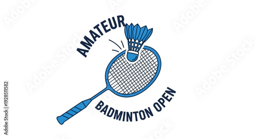 Amateur Badminton Tournament Logo Featuring Racket and Shuttlecock Design in Blue Color