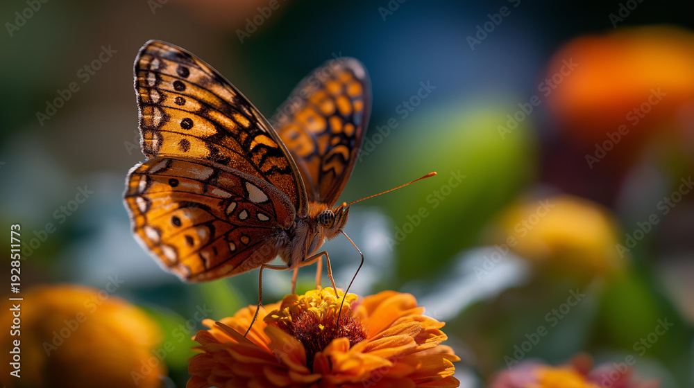 Obraz premium Beautiful butterfly resting on a bright orange flower in a sunny garden, macro close-up, soft defocused bokeh background, garden insect concept, butterfly photography, nature