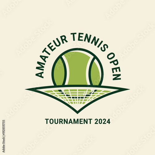 Amateur Tennis Open Tournament Logo: Sporting Event Emblem Featuring Ball and Net Design