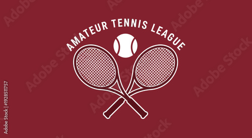 Amateur Tennis League Emblem With Crossed Racquets And Tennis Ball On Red Background