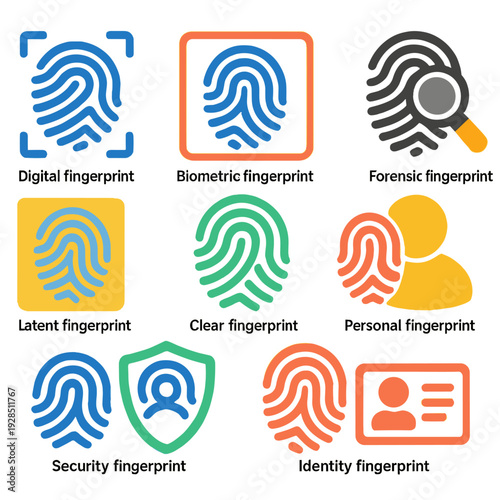 Diverse fingerprint icons for digital, biometric, and forensic applications