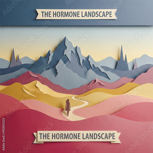  Conceptual paper art about women's health. A woman walks a path through mountains, a metaphor for the hormonal journey and wellness.. Vector illustration